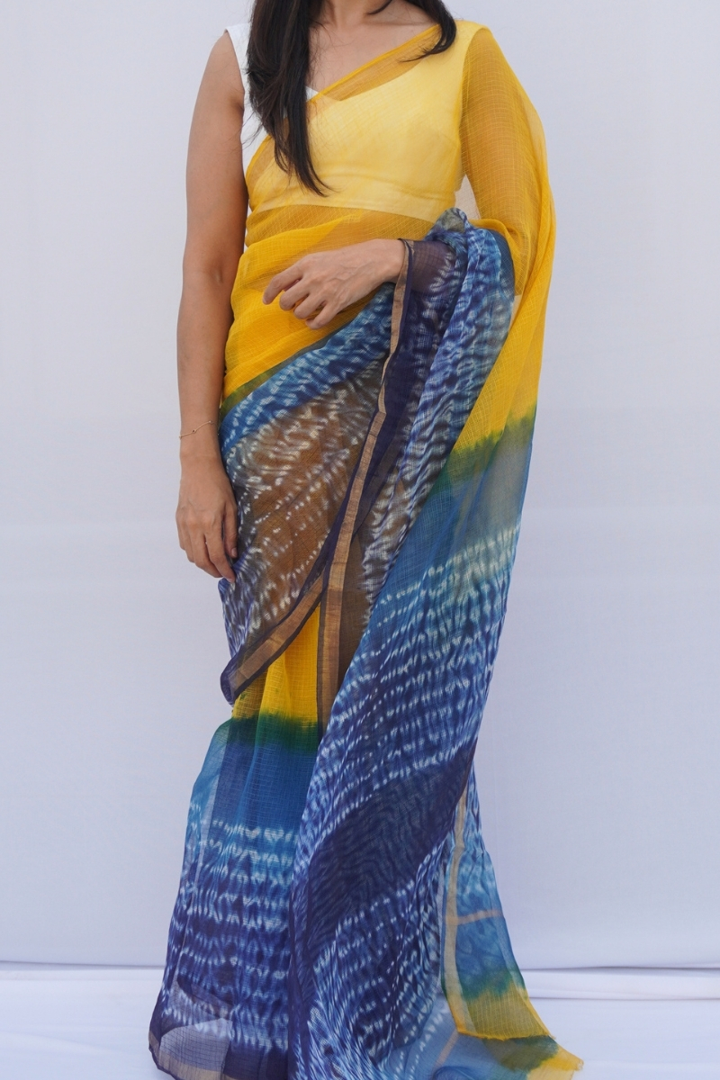 Sunshine Kota Doria Shibori Saree – Marigold Yellow, Indigo & Teal