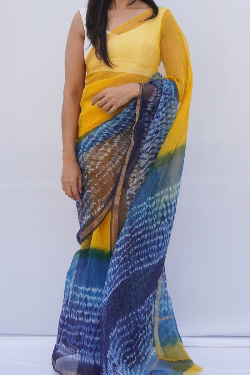 Sunshine Kota Doria Shibori Saree – Marigold Yellow, Indigo & Teal