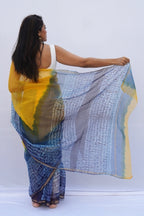 Sunshine Kota Doria Shibori Saree – Marigold Yellow, Indigo & Teal