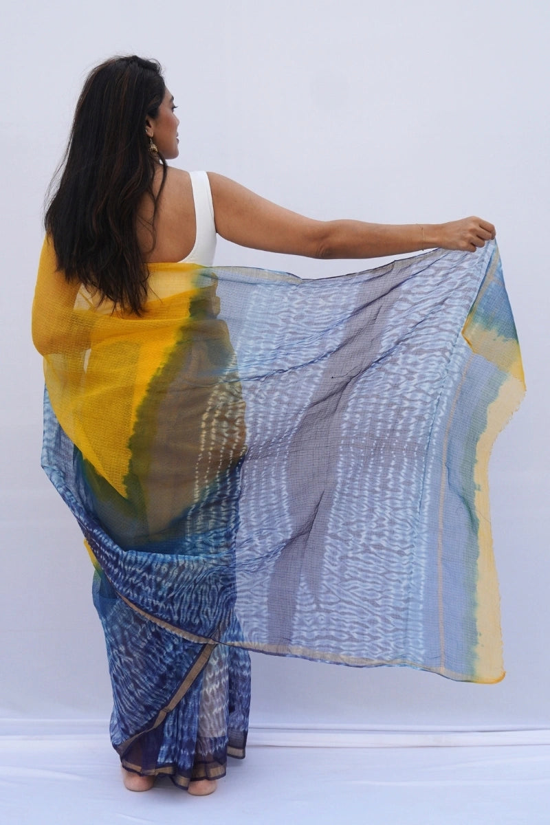 Sunshine Kota Doria Shibori Saree – Marigold Yellow, Indigo & Teal