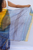 Sunshine Kota Doria Shibori Saree – Marigold Yellow, Indigo & Teal