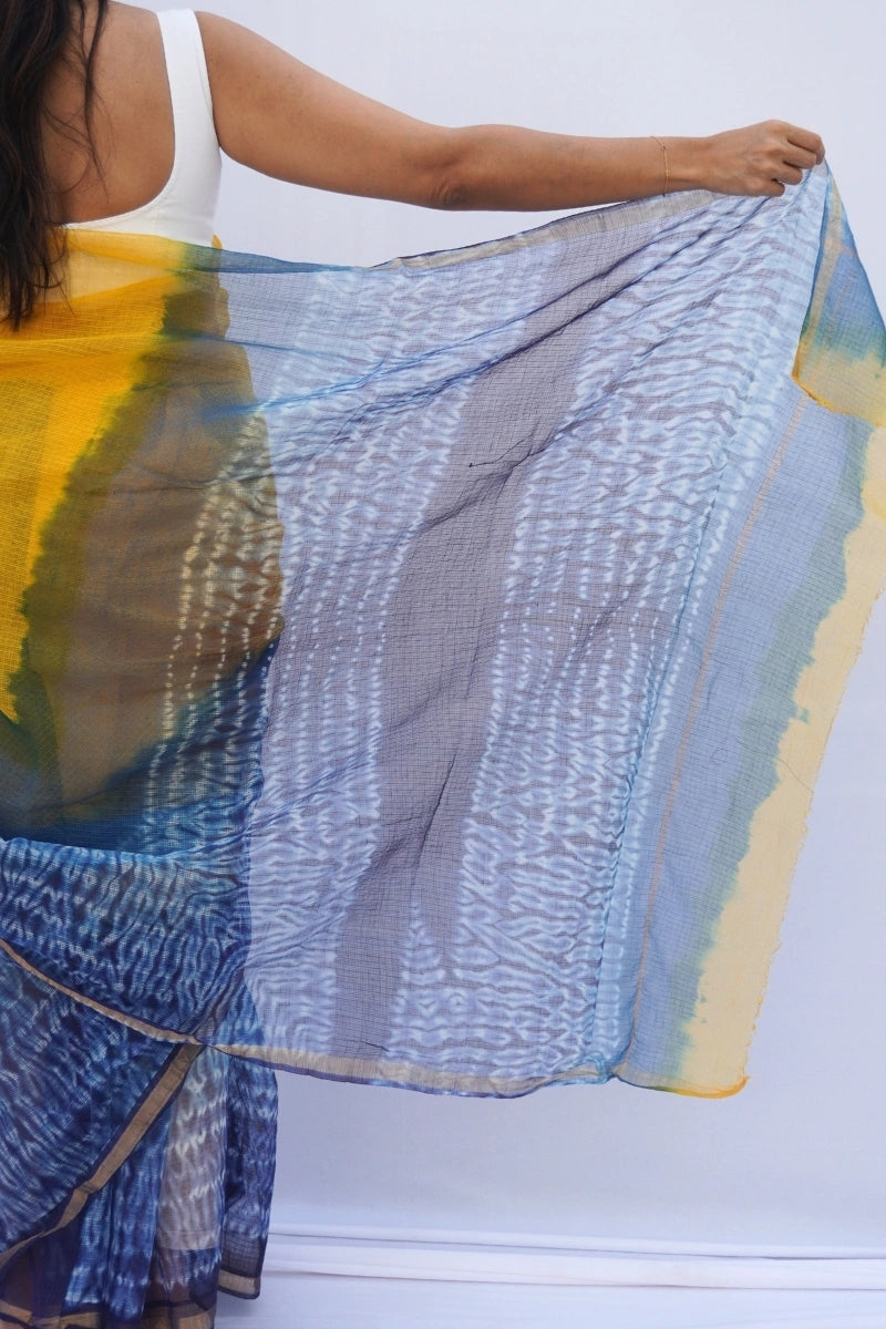 Sunshine Kota Doria Shibori Saree – Marigold Yellow, Indigo & Teal