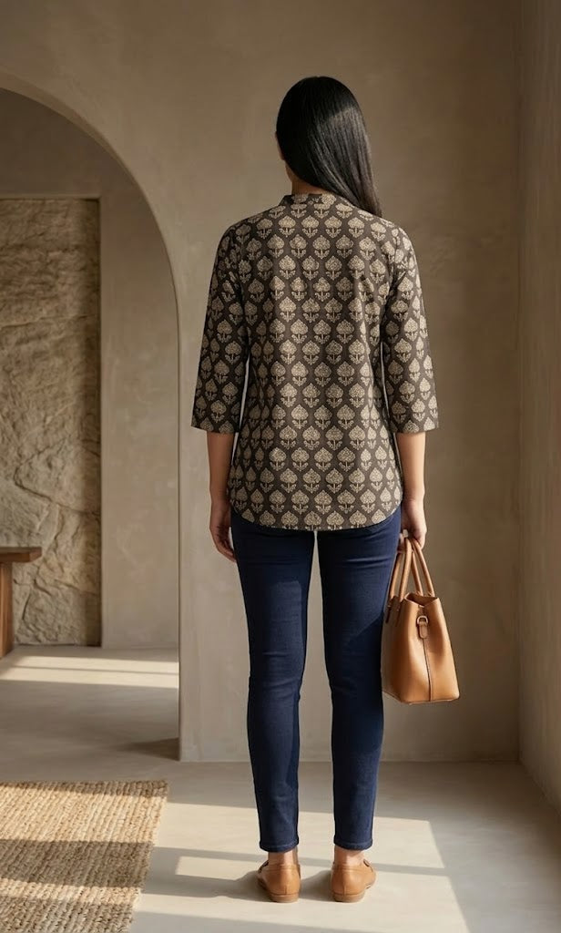 Black & Beige Hand Block Printed Cotton Top
